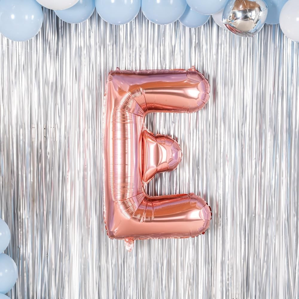 Balon Folie Metalizata Litera E, 40 cm, Umflati cu Heliu sau Aer, Ambalaj Individual, Pai inclus, Rose Gold