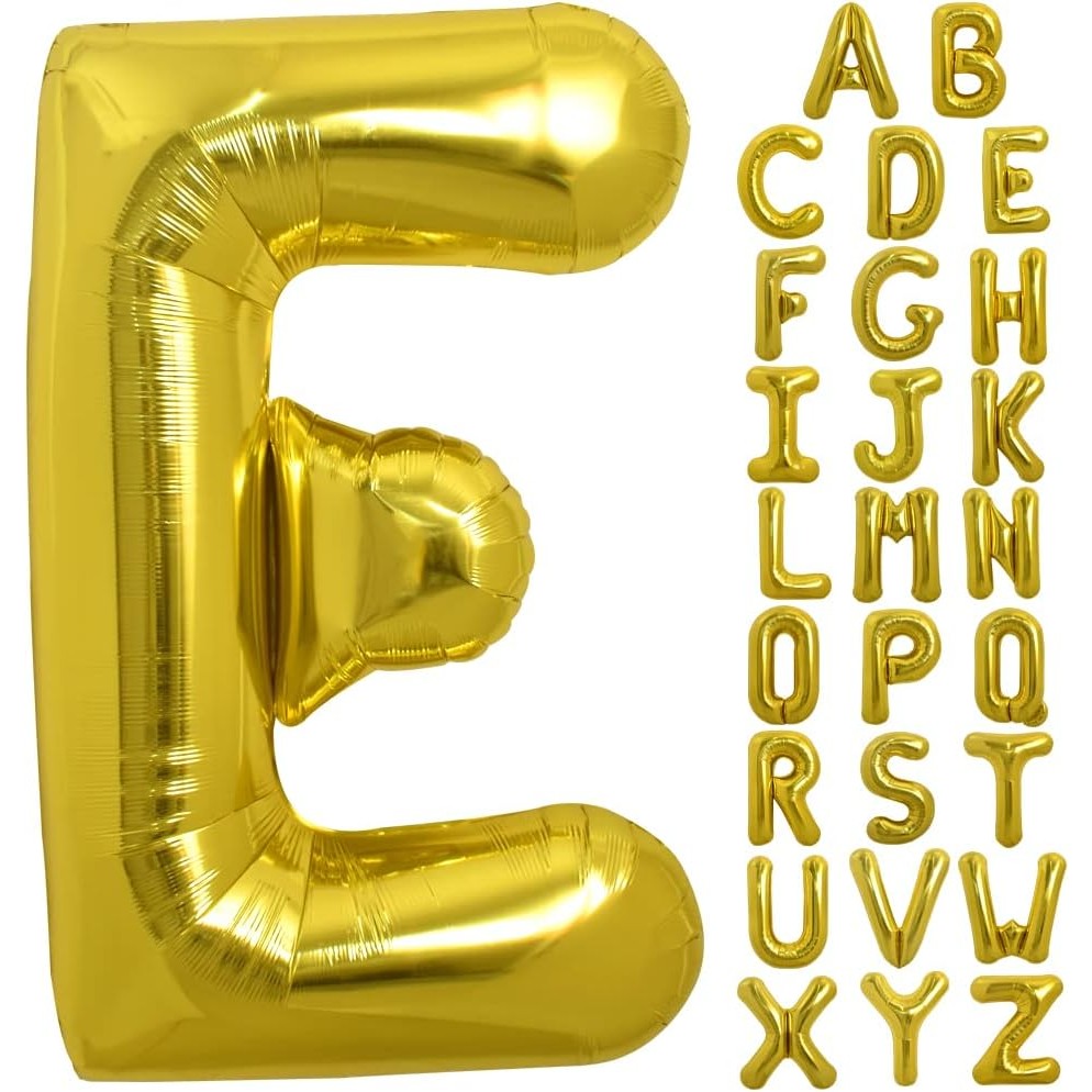 Balon Folie Metalizata Litera E, 80 cm, Umflati cu Heliu sau Aer, Ambalaj Individual, Pai inclus, Auriu