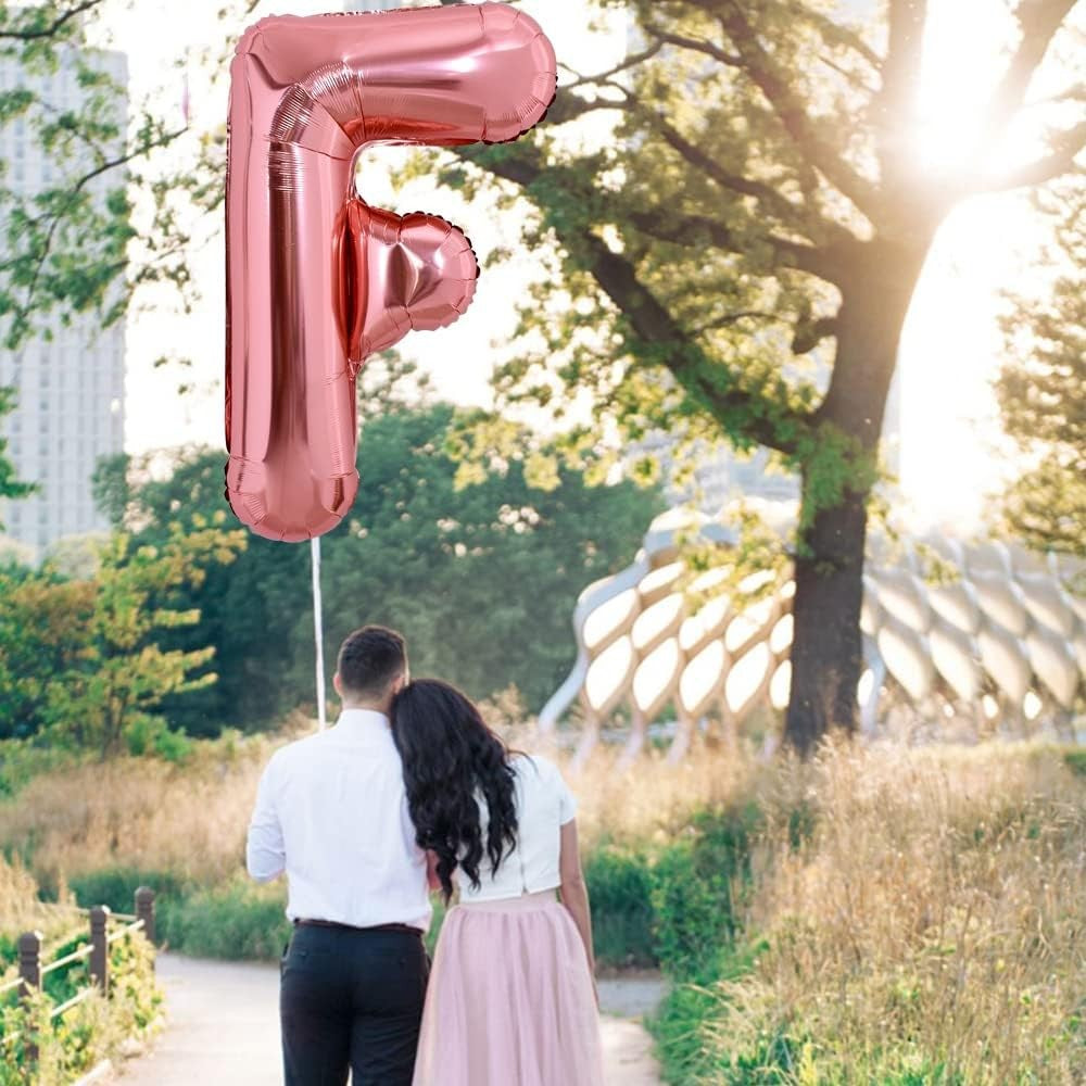 Balon Folie Metalizata Litera F, 100 cm, Umflati cu Heliu sau Aer, Ambalaj Individual, Pai inclus, Rose Gold