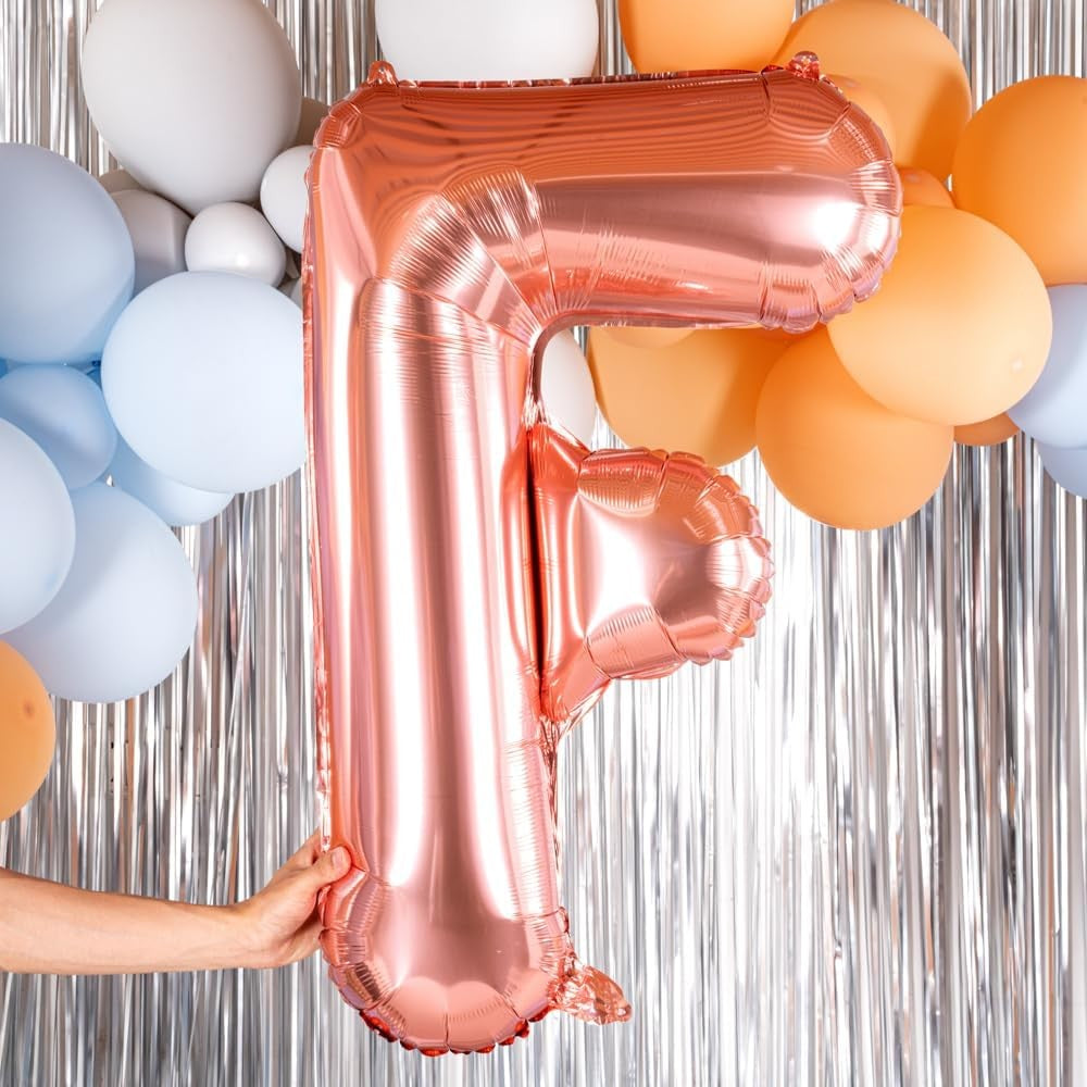 Balon Folie Metalizata Litera F, 100 cm, Umflati cu Heliu sau Aer, Ambalaj Individual, Pai inclus, Rose Gold