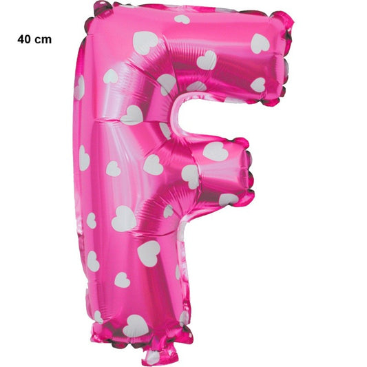 Balon Folie Metalizata Litera F, 40 cm, Cu Imprimeu Inimioare, Umflati cu Heliu sau Aer, Ambalaj Individual, Pai inclus, Roz