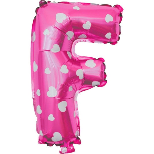 Balon Folie Metalizata Litera F, 40 cm, Cu Imprimeu Inimioare, Umflati cu Heliu sau Aer, Ambalaj Individual, Pai inclus, Roz