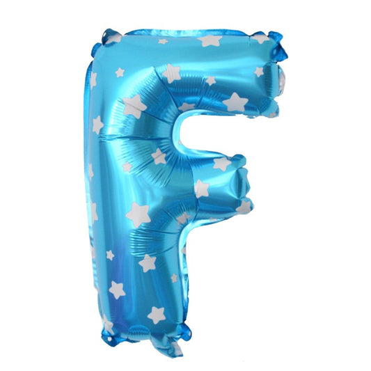 Balon Folie Metalizata Litera F, 40 cm, Cu Imprimeu Stelute, Umflati cu Heliu sau Aer, Ambalaj Individual, Pai inclus, Albastru
