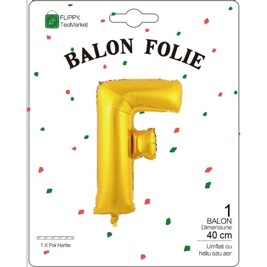Balon Folie Metalizata Litera F, 40 cm, Umflati cu Heliu sau Aer, Ambalaj Individual, Pai inclus, Auriu