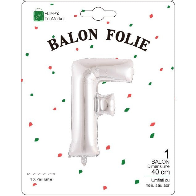 Balon Folie Metalizata Litera F, 40 cm, Umflati cu Heliu sau Aer, Ambalaj Individual, Pai inclus, Argintiu