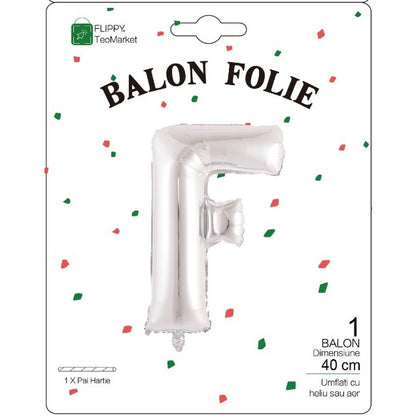 Balon Folie Metalizata Litera F, 40 cm, Umflati cu Heliu sau Aer, Ambalaj Individual, Pai inclus, Argintiu