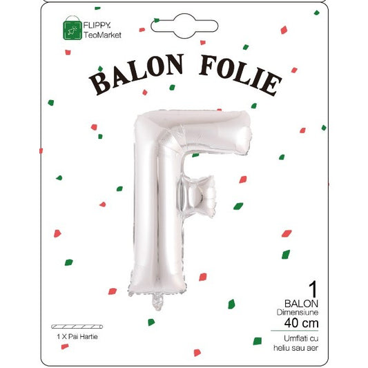 Balon Folie Metalizata Litera F, 40 cm, Umflati cu Heliu sau Aer, Ambalaj Individual, Pai inclus, Argintiu