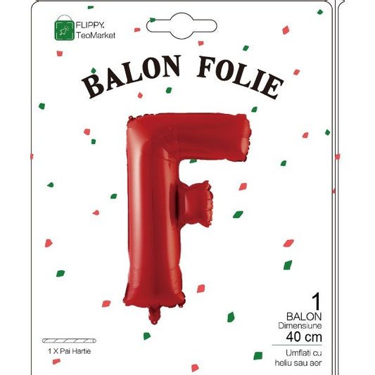 Balon Folie Metalizata Litera F, 40 cm, Umflati cu Heliu sau Aer, Ambalaj Individual, Pai inclus, Rosu