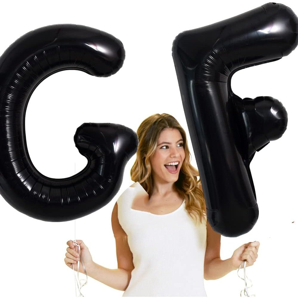 Balon Folie Metalizata Litera F, 40 cm, Umflati cu Heliu sau Aer, Ambalaj Individual, Pai inclus, Negru