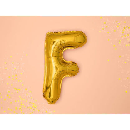 Balon Folie Metalizata Litera F, 80 cm, Umflati cu Heliu sau Aer, Ambalaj Individual, Pai inclus, Auriu