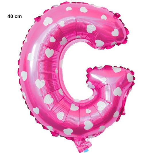 Balon Folie Metalizata Litera G, 40 cm, Cu Imprimeu Inimioare, Umflati cu Heliu sau Aer, Ambalaj Individual, Pai inclus, Roz