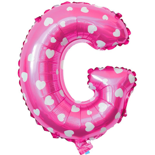 Balon Folie Metalizata Litera G, 40 cm, Cu Imprimeu Inimioare, Umflati cu Heliu sau Aer, Ambalaj Individual, Pai inclus, Roz