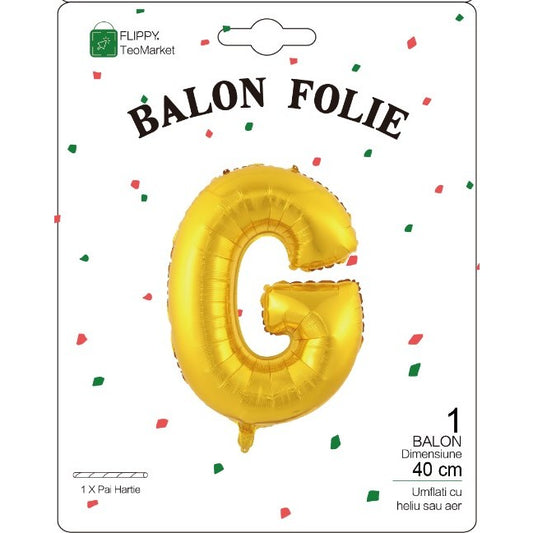 Balon Folie Metalizata Litera G, 40 cm, Umflati cu Heliu sau Aer, Ambalaj Individual, Pai inclus, Auriu