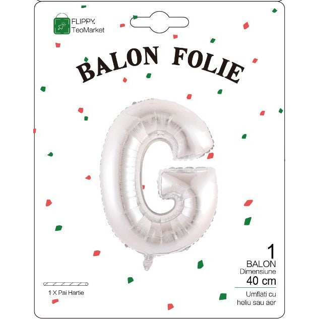 Balon Folie Metalizata Litera G, 40 cm, Umflati cu Heliu sau Aer, Ambalaj Individual, Pai inclus, Argintiu