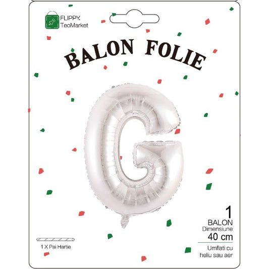 Balon Folie Metalizata Litera G, 40 cm, Umflati cu Heliu sau Aer, Ambalaj Individual, Pai inclus, Argintiu