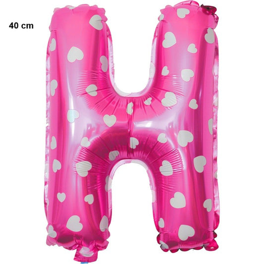Balon Folie Metalizata Litera H, 40 cm, Cu Imprimeu Inimioare, Umflati cu Heliu sau Aer, Ambalaj Individual, Pai inclus, Roz