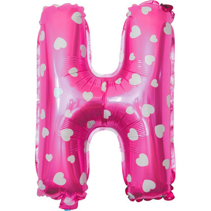 Balon Folie Metalizata Litera H, 40 cm, Cu Imprimeu Inimioare, Umflati cu Heliu sau Aer, Ambalaj Individual, Pai inclus, Roz