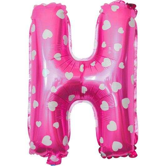 Balon Folie Metalizata Litera H, 40 cm, Cu Imprimeu Inimioare, Umflati cu Heliu sau Aer, Ambalaj Individual, Pai inclus, Roz