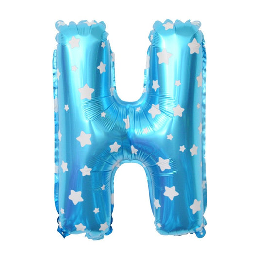 Balon Folie Metalizata Litera H, 40 cm, Cu Imprimeu Stelute, Umflati cu Heliu sau Aer, Ambalaj Individual, Pai inclus, Albastru