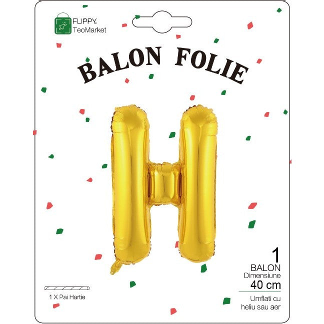 Balon Folie Metalizata Litera H, 40 cm, Umflati cu Heliu sau Aer, Ambalaj Individual, Pai inclus, Auriu