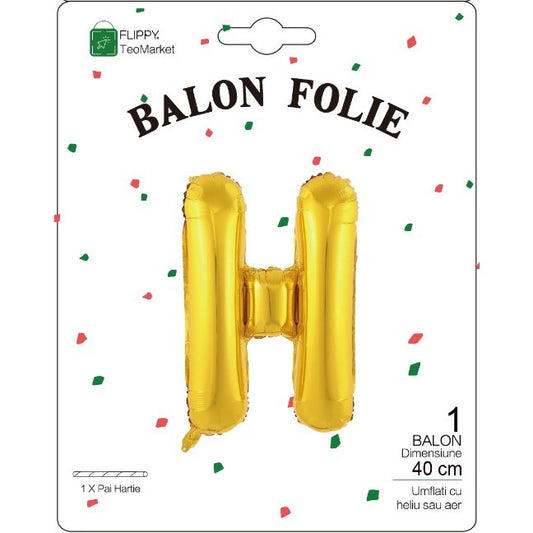 Balon Folie Metalizata Litera H, 40 cm, Umflati cu Heliu sau Aer, Ambalaj Individual, Pai inclus, Auriu