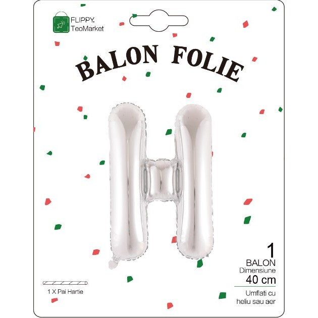 Balon Folie Metalizata Litera H, 40 cm, Umflati cu Heliu sau Aer, Ambalaj Individual, Pai inclus, Argintiu
