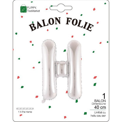 Balon Folie Metalizata Litera H, 40 cm, Umflati cu Heliu sau Aer, Ambalaj Individual, Pai inclus, Argintiu