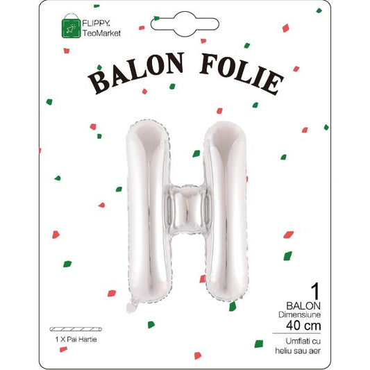 Balon Folie Metalizata Litera H, 40 cm, Umflati cu Heliu sau Aer, Ambalaj Individual, Pai inclus, Argintiu