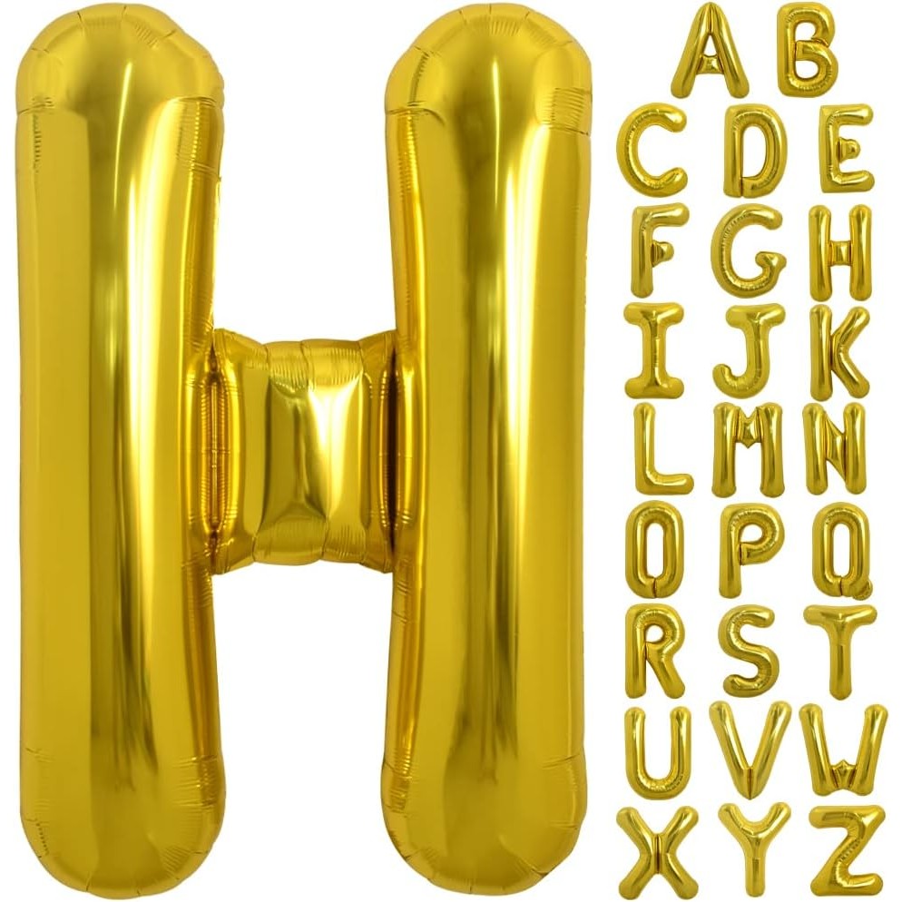 Balon Folie Metalizata Litera H, 80 cm, Umflati cu Heliu sau Aer, Ambalaj Individual, Pai inclus, Auriu