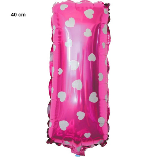 Balon Folie Metalizata Litera I, 40 cm, Cu Imprimeu Inimioare, Umflati cu Heliu sau Aer, Ambalaj Individual, Pai inclus, Roz