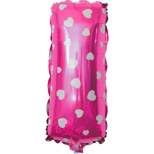 Balon Folie Metalizata Litera I, 40 cm, Cu Imprimeu Inimioare, Umflati cu Heliu sau Aer, Ambalaj Individual, Pai inclus, Roz