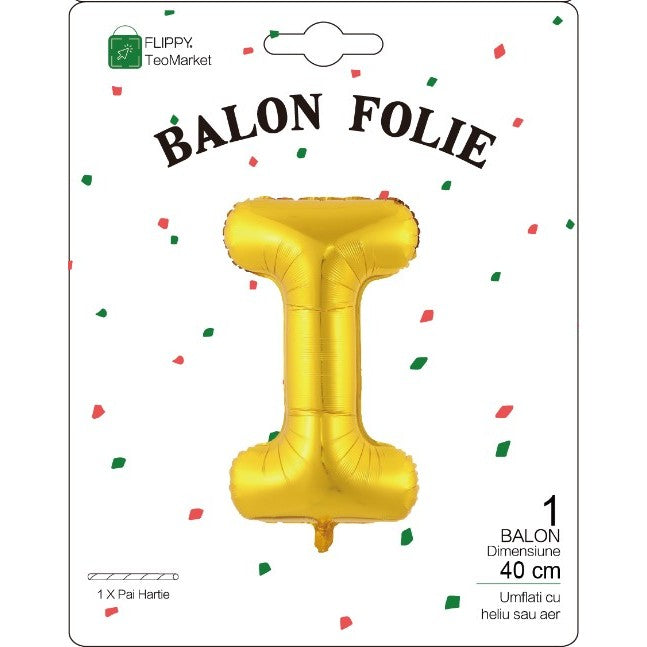 Balon Folie Metalizata Litera I, 40 cm, Umflati cu Heliu sau Aer, Ambalaj Individual, Pai inclus, Auriu