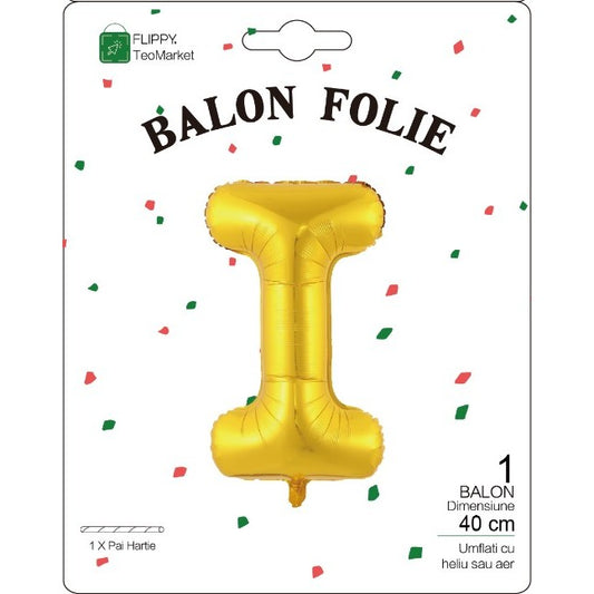 Balon Folie Metalizata Litera I, 40 cm, Umflati cu Heliu sau Aer, Ambalaj Individual, Pai inclus, Auriu