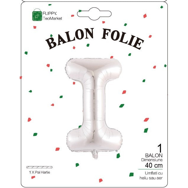 Balon Folie Metalizata Litera I, 40 cm, Umflati cu Heliu sau Aer, Ambalaj Individual, Pai inclus, Argintiu