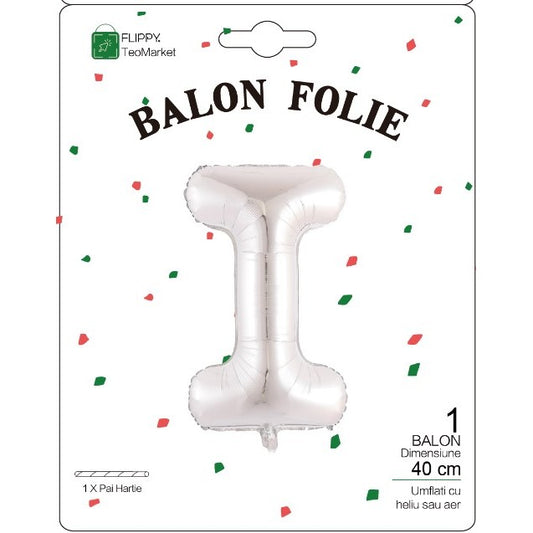 Balon Folie Metalizata Litera I, 40 cm, Umflati cu Heliu sau Aer, Ambalaj Individual, Pai inclus, Argintiu