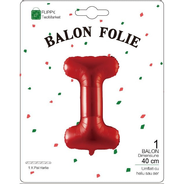 Balon Folie Metalizata Litera I, 40 cm, Umflati cu Heliu sau Aer, Ambalaj Individual, Pai inclus, Rosu
