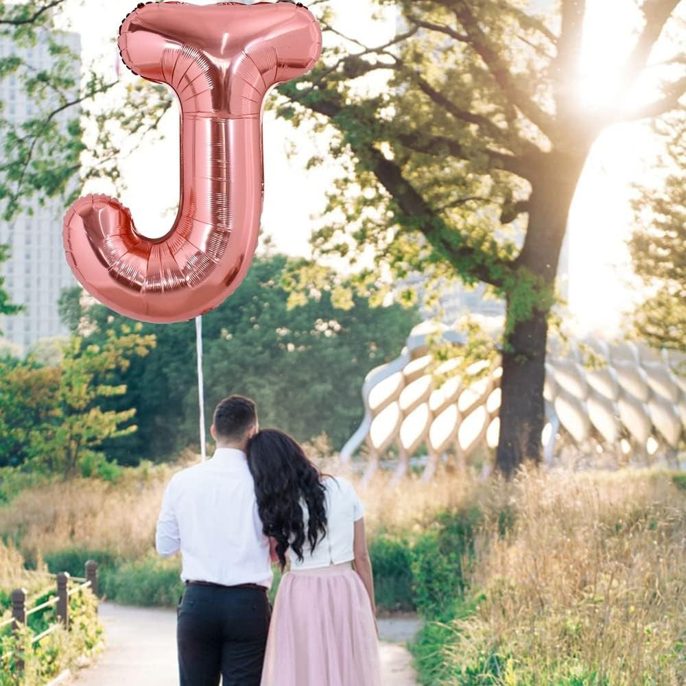 Balon Folie Metalizata Litera J, 100 cm, Umflati cu Heliu sau Aer, Ambalaj Individual, Pai inclus, Rose Gold