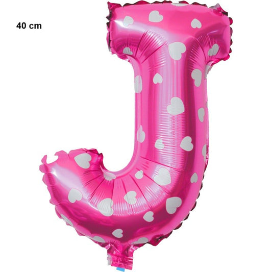 Balon Folie Metalizata Litera J, 40 cm, Cu Imprimeu Inimioare, Umflati cu Heliu sau Aer, Ambalaj Individual, Pai inclus, Roz