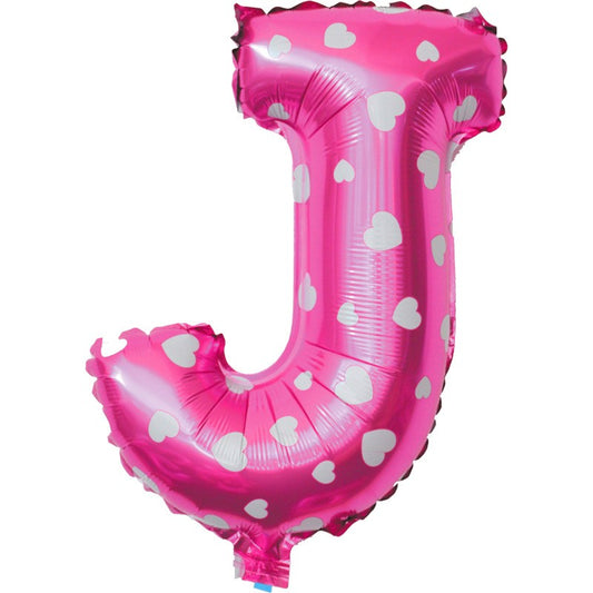 Balon Folie Metalizata Litera J, 40 cm, Cu Imprimeu Inimioare, Umflati cu Heliu sau Aer, Ambalaj Individual, Pai inclus, Roz