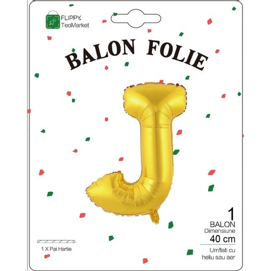 Balon Folie Metalizata Litera J, 40 cm, Umflati cu Heliu sau Aer, Ambalaj Individual, Pai inclus, Auriu