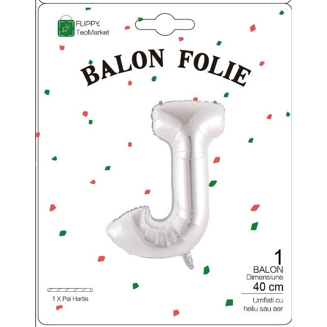Balon Folie Metalizata Litera J, 40 cm, Umflati cu Heliu sau Aer, Ambalaj Individual, Pai inclus, Argintiu