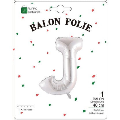 Balon Folie Metalizata Litera J, 40 cm, Umflati cu Heliu sau Aer, Ambalaj Individual, Pai inclus, Argintiu