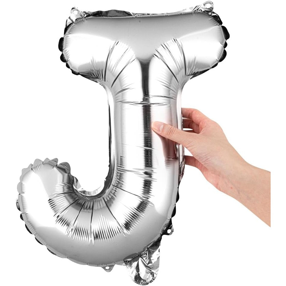 Balon Folie Metalizata Litera J, 40 cm, Umflati cu Heliu sau Aer, Ambalaj Individual, Pai inclus, Argintiu