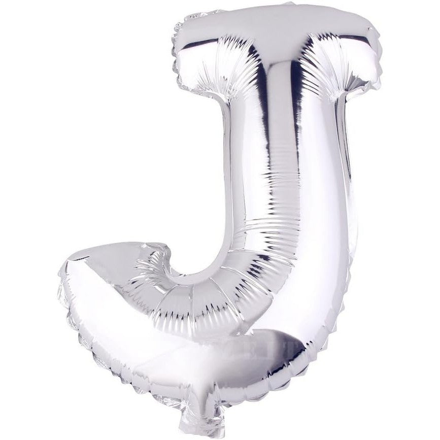 Balon Folie Metalizata Litera J, 40 cm, Umflati cu Heliu sau Aer, Ambalaj Individual, Pai inclus, Argintiu