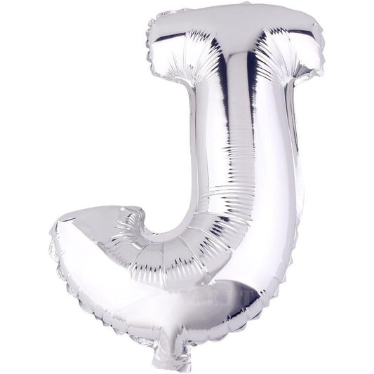 Balon Folie Metalizata Litera J, 40 cm, Umflati cu Heliu sau Aer, Ambalaj Individual, Pai inclus, Argintiu