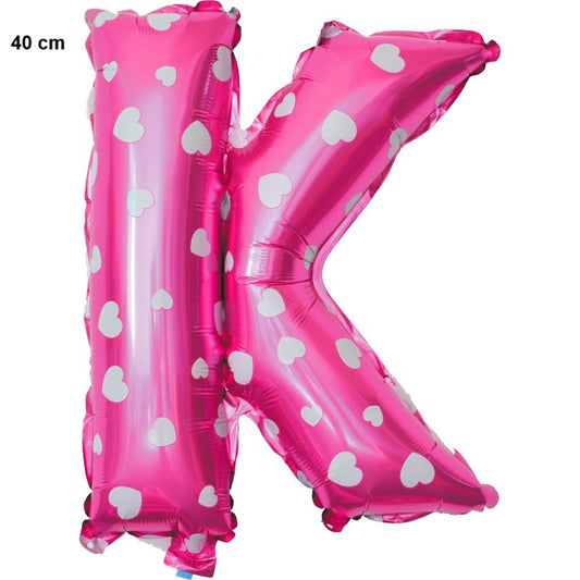 Balon Folie Metalizata Litera K, 40 cm, Cu Imprimeu Inimioare, Umflati cu Heliu sau Aer, Ambalaj Individual, Pai inclus, Roz