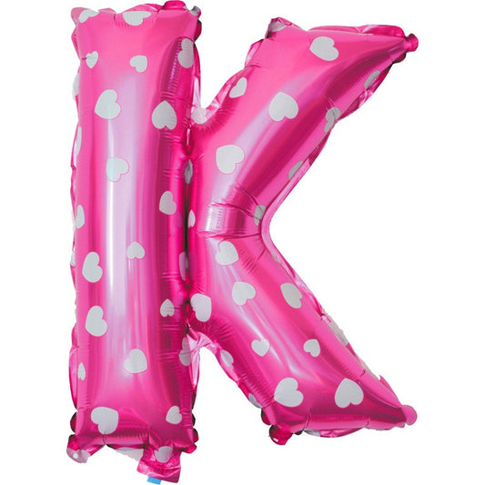 Balon Folie Metalizata Litera K, 40 cm, Cu Imprimeu Inimioare, Umflati cu Heliu sau Aer, Ambalaj Individual, Pai inclus, Roz