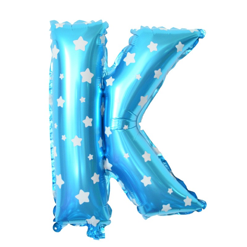 Balon Folie Metalizata Litera K, 40 cm, Cu Imprimeu Stelute, Umflati cu Heliu sau Aer, Ambalaj Individual, Pai inclus, Albastru