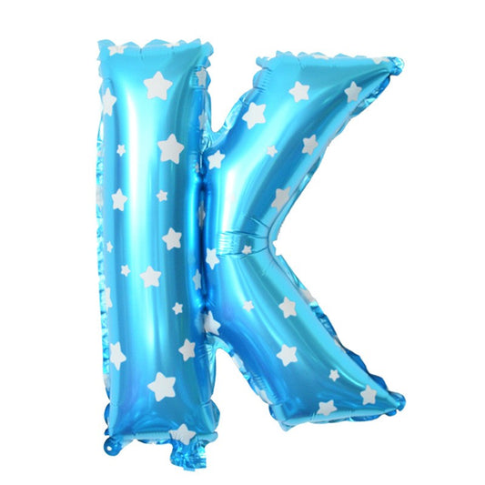 Balon Folie Metalizata Litera K, 40 cm, Cu Imprimeu Stelute, Umflati cu Heliu sau Aer, Ambalaj Individual, Pai inclus, Albastru