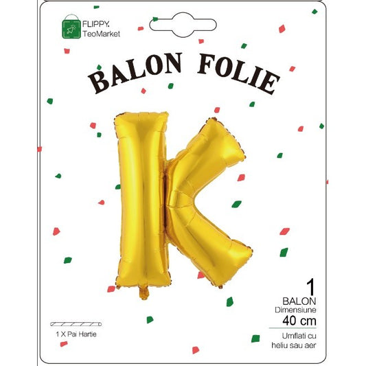 Balon Folie Metalizata Litera K, 40 cm, Umflati cu Heliu sau Aer, Ambalaj Individual, Pai inclus, Auriu